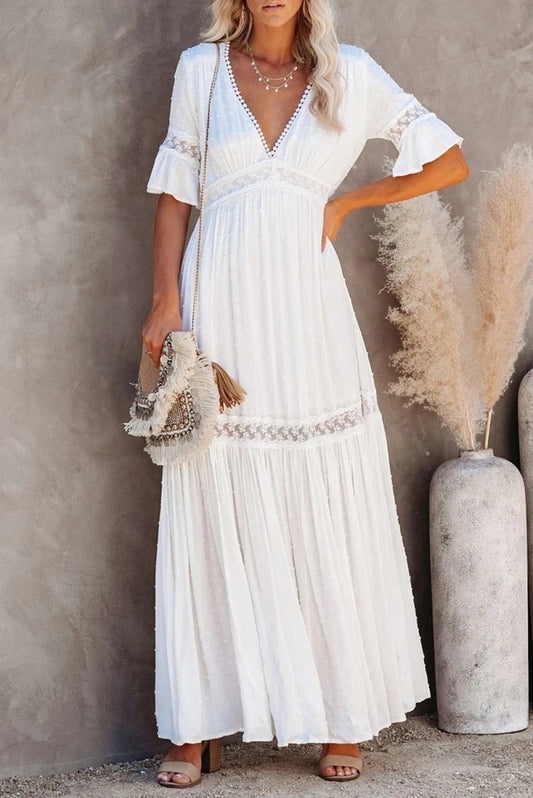 Springsummer New Womens Solid-Colored Lace-Trimmed V-Neck Short-Sleeve Dress