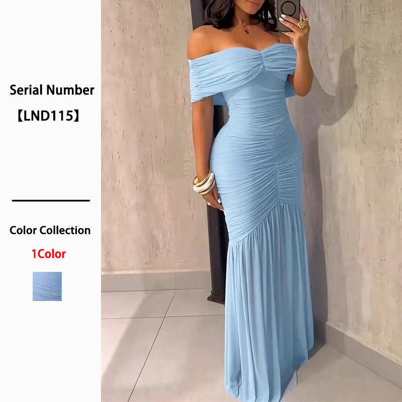 Slim Fit Pleated Mesh Patchwork Maxi Dress