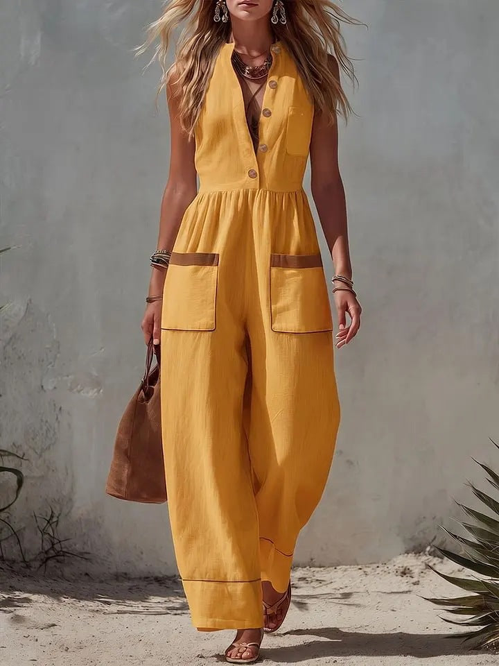 Womens Sleeveless Casual Loose Cotton-Linen Wide-Leg Jumpsuit